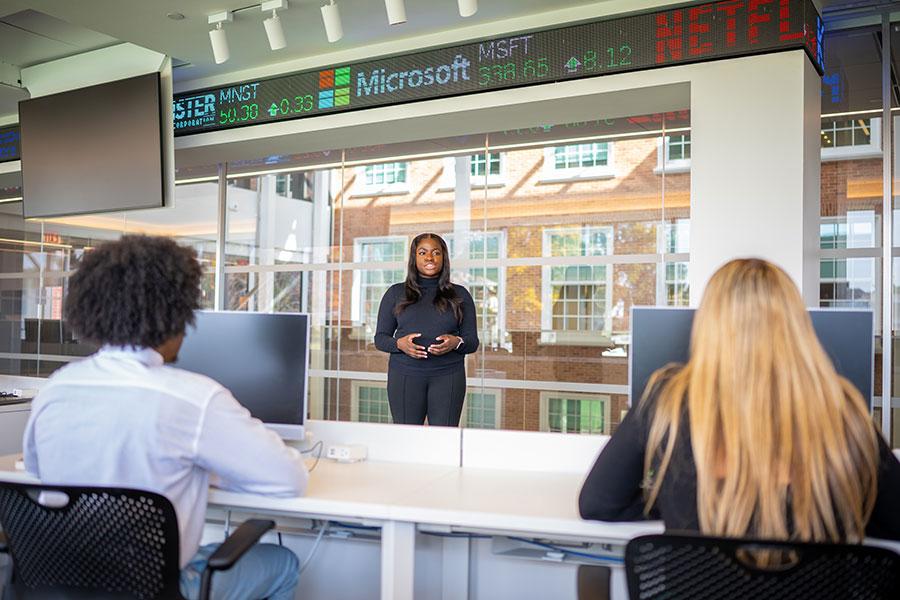 Student giving presentation in LaPenta School of Business