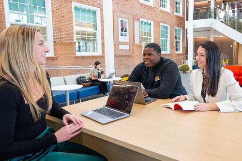 Three students study together in the LSB atrium.